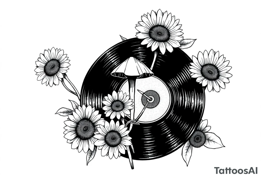 two overlapping vinyl records with mushrooms and sunflowers tattoo idea