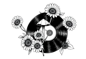 two overlapping vinyl records with mushrooms and sunflowers tattoo idea