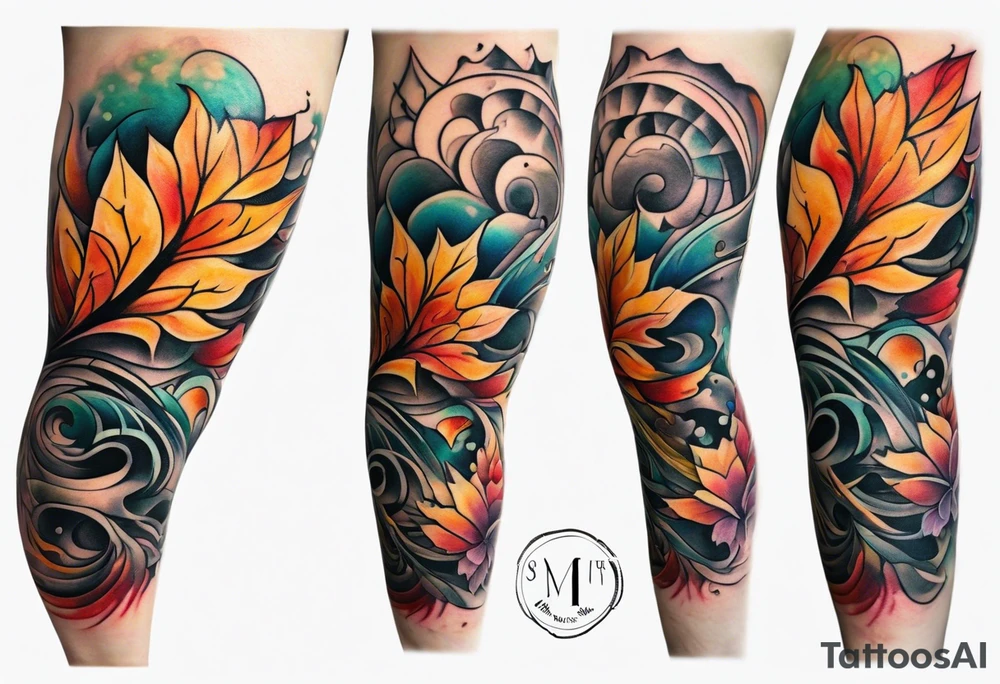 Knee tattoo in fall colors with water flow washes tattoo idea