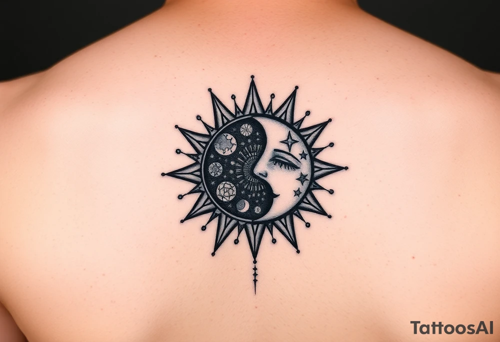 celestial sun and moon embrace with constellation patterns tattoo idea