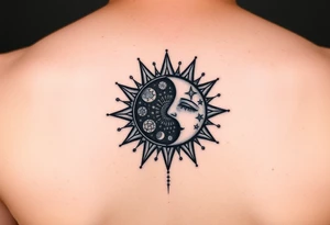 celestial sun and moon embrace with constellation patterns tattoo idea