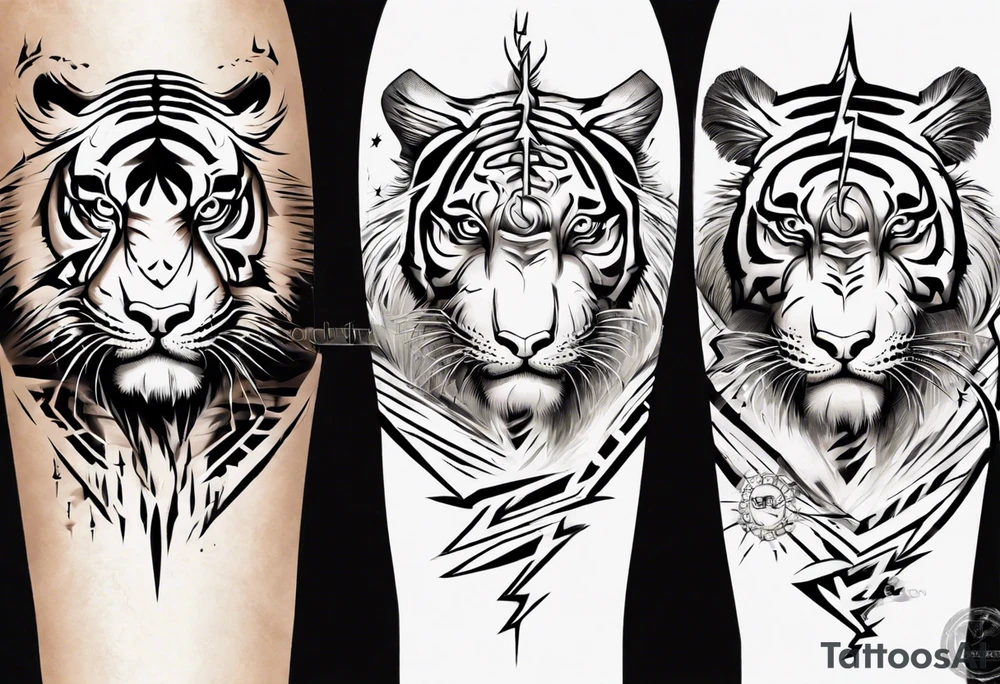 Ancient tiger with lightning and a sun for a forearm sleeve. With patterns surrounding it tattoo idea