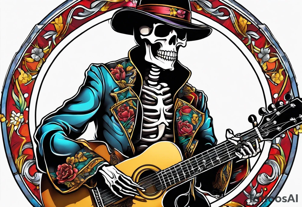 Skeleton playing guitar tattoo idea