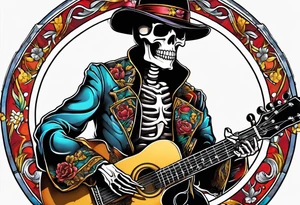 Skeleton playing guitar tattoo idea