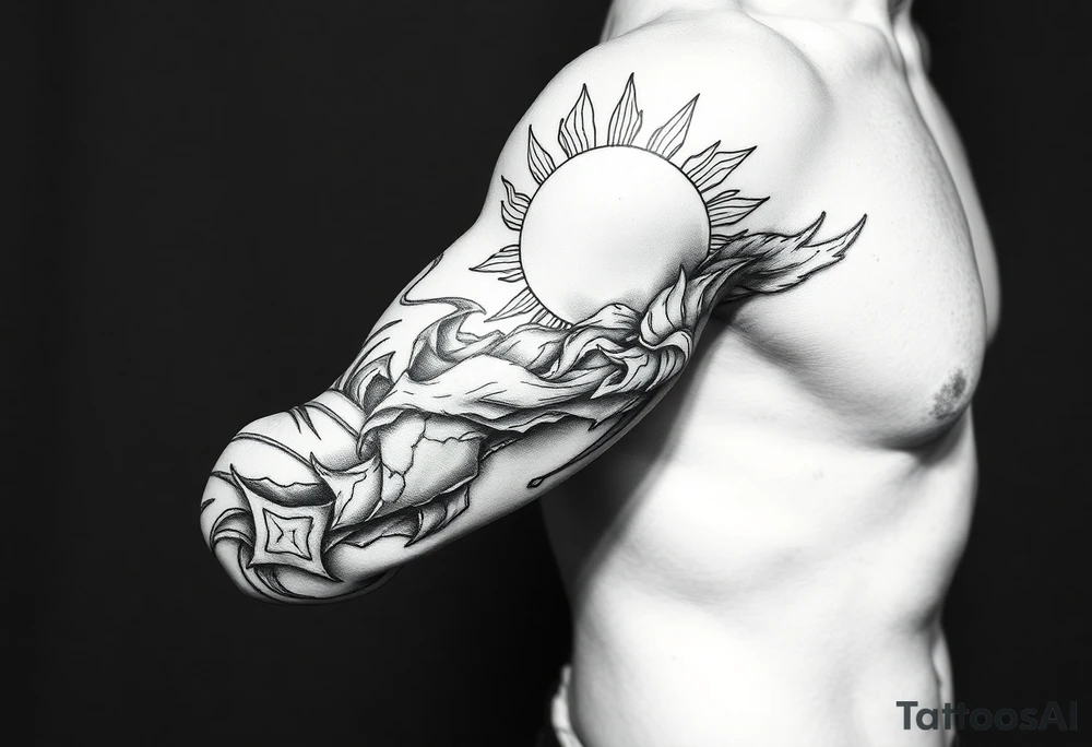 Left arm sleeve. I already have a sun on my deltoid made out of stone. Add theme from the movie never ending story. tattoo idea