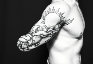 Left arm sleeve. I already have a sun on my deltoid made out of stone. Add theme from the movie never ending story. tattoo idea