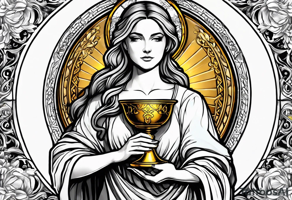 woman saint holding chalice surrounded by golden halo tattoo idea