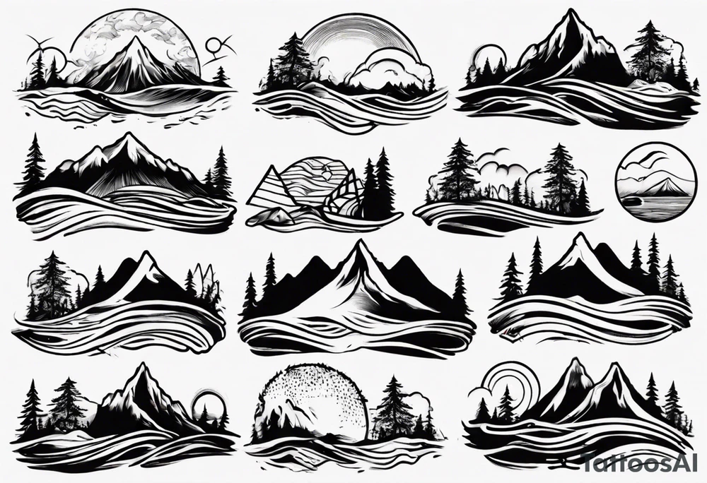 forearm tattoo with mountains, beach, waves, sunset, camping, trees tattoo idea