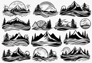 forearm tattoo with mountains, beach, waves, sunset, camping, trees tattoo idea