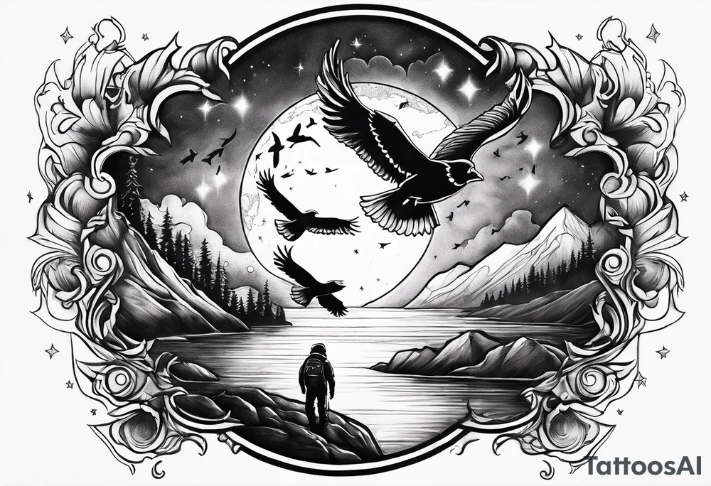 Northern lights with Pennywise and birds tattoo idea