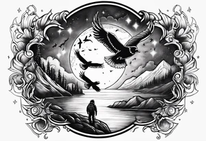 Northern lights with Pennywise and birds tattoo idea