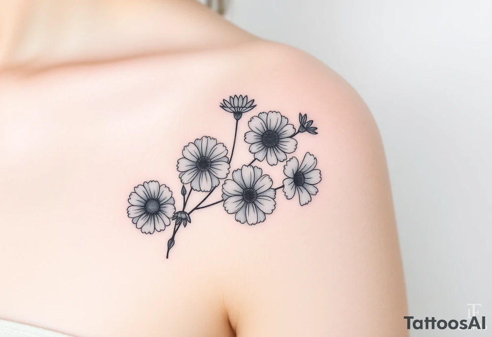 flower arrangment for arm, include two carnations, one violet, two daisies, one cosmos, and one peony tattoo idea