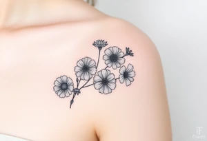flower arrangment for arm, include two carnations, one violet, two daisies, one cosmos, and one peony tattoo idea