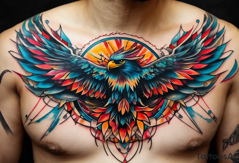 Wide tattoo that appears to be bursting out of the skin, symbolizing freedom. The tattoo should be vibrant and dynamic, with bold lines and colors that evoke a sense of liberation and empowerment. Consider incorporating elements broken chains and other symbols of freedom. The tattoo should be visually striking and thought-provoking. tattoo idea