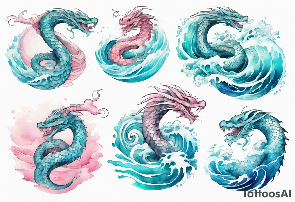 a turquoise and white and pink pretty sea serpent with beautiful eyes rising from the blue waves of the ocean tattoo idea
