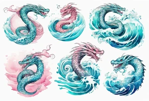 a turquoise and white and pink pretty sea serpent with beautiful eyes rising from the blue waves of the ocean tattoo idea