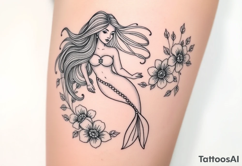 ethereal mermaid with flowing hair among coral and sea flowers tattoo idea
