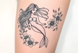 ethereal mermaid with flowing hair among coral and sea flowers tattoo idea