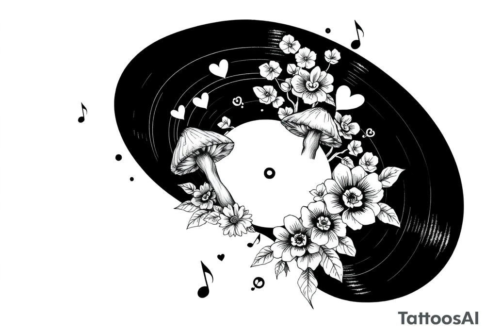 vinyl record with mushrooms, flowers, hearts, and music notes tattoo idea