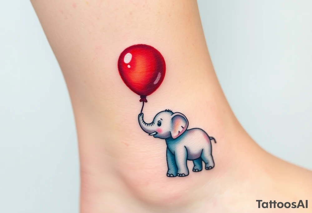 Mother elephant and a baby elephant holding a red balloon with its trunk, symbolizing childhood joy and innocence tattoo idea