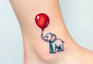 Mother elephant and a baby elephant holding a red balloon with its trunk, symbolizing childhood joy and innocence tattoo idea