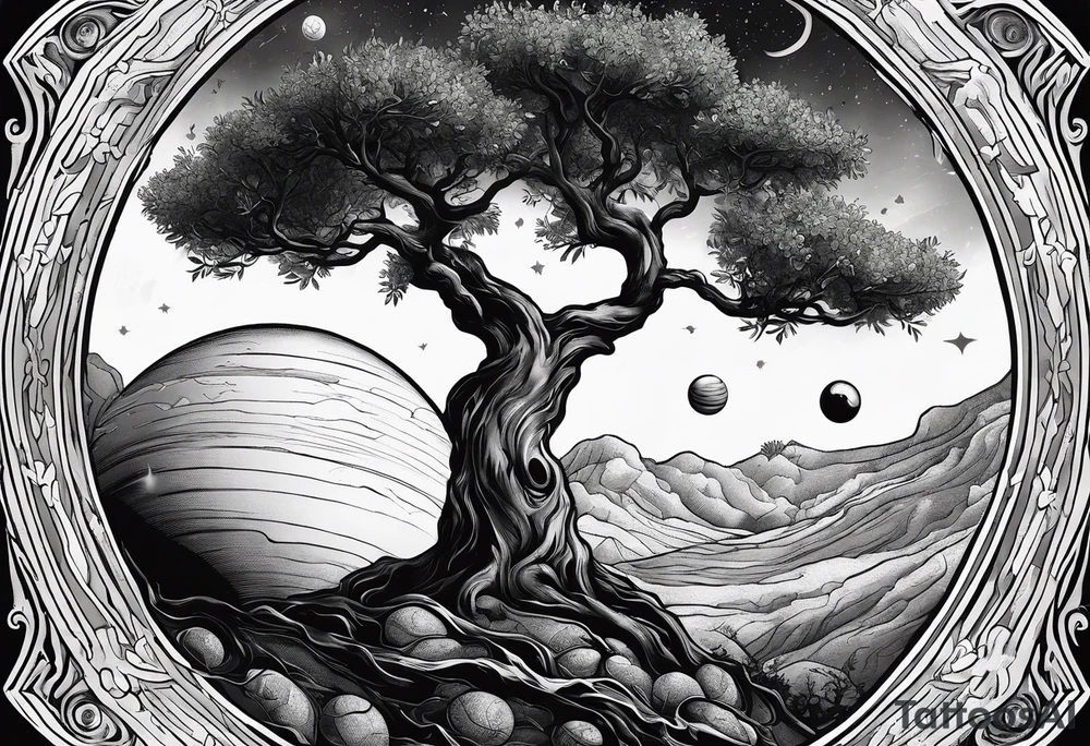 An olive tree in a black hole  with a small Saturn-like planet in in the background. tattoo idea