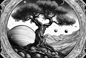 An olive tree in a black hole  with a small Saturn-like planet in in the background. tattoo idea