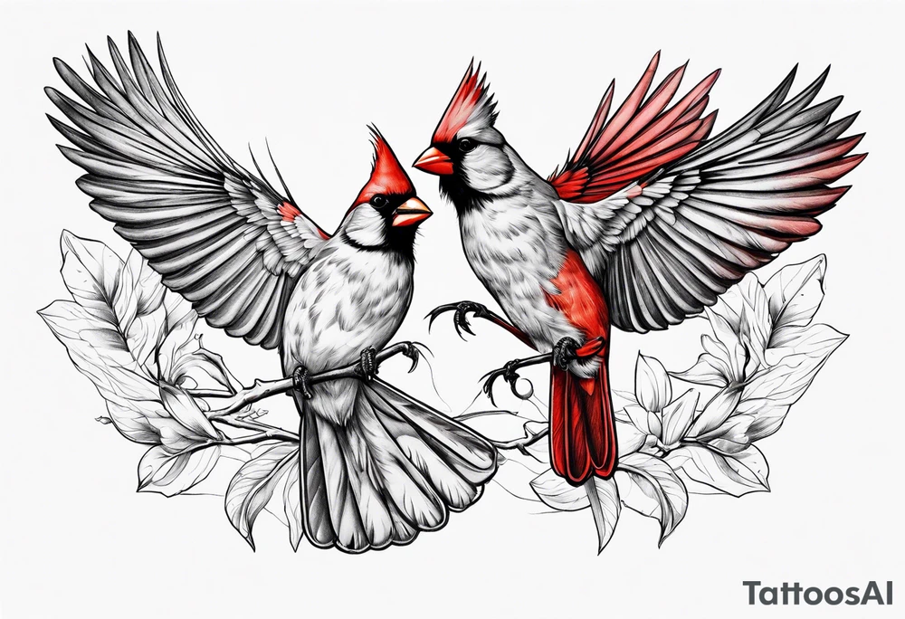 Male and female cardinal flying together tattoo idea