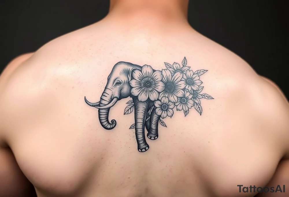 Elephant with flowers on the arm tattoo idea