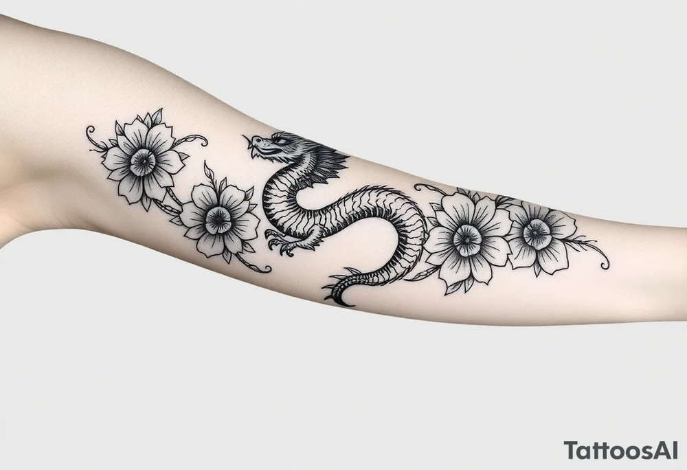un dragon central entouré de fleurs de style avec des ombrages dans un style assez fin tattoo idea