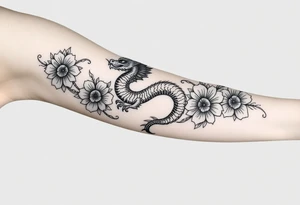 un dragon central entouré de fleurs de style avec des ombrages dans un style assez fin tattoo idea