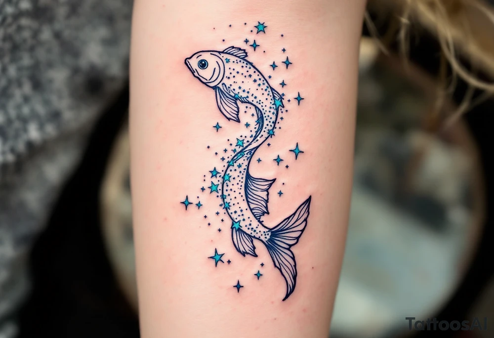 The Pisces constellation is dotted with tiny aquamarine stars that flow like water along the spine. tattoo idea