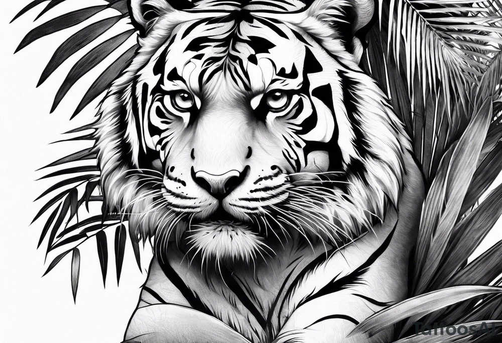 tiger laying on palm tree tattoo idea