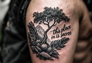 Hand written writing that says this place is sacred. There is also small breadfruit tree in the iao valley in maui tattoo idea