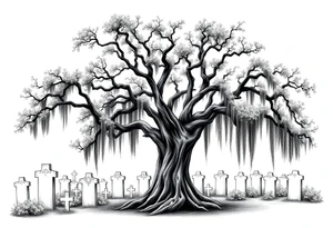 Laurel oak covered in Spanish moss in a cemetery tattoo idea