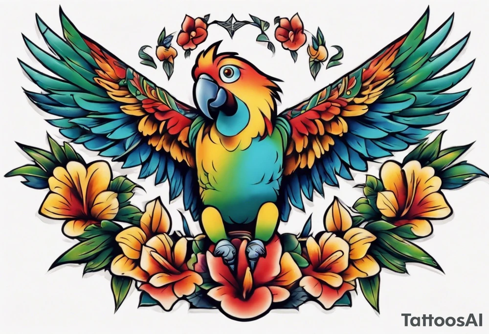 a chest tattoo of a traditionally colored parrot tattoo idea