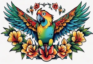 a chest tattoo of a traditionally colored parrot tattoo idea