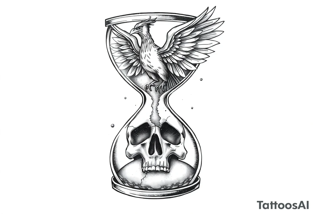 A cracked hourglass with the sands forming a skull below and a phoenix rising from the top. tattoo idea