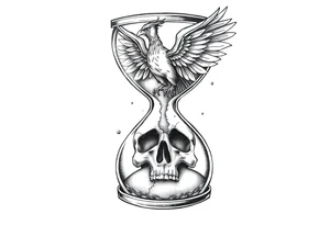 A cracked hourglass with the sands forming a skull below and a phoenix rising from the top. tattoo idea