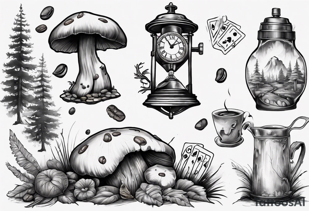 mounting landscape with little boletus in the forest.
Add in a middle an antique clock at 9:44pm. across the tattoo a cinema film. And on top a game of poker cards. a Grandma's walking stick and 
A real Italian coffee maker. tattoo idea