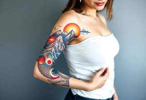 turtle sleeve with mountains, fire, water, air tattoo idea