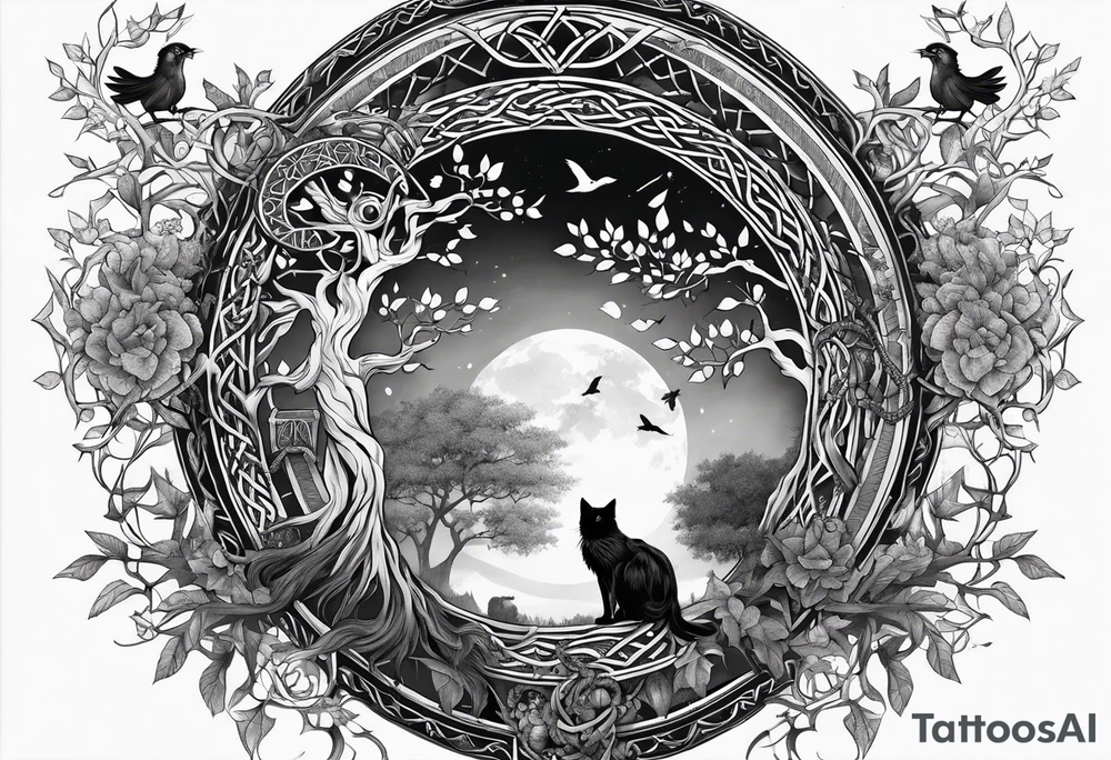 world tree with a cat and a raven and knotwork upper arm tattoo tattoo idea
