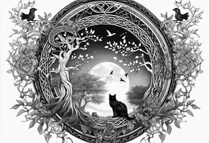 world tree with a cat and a raven and knotwork upper arm tattoo tattoo idea