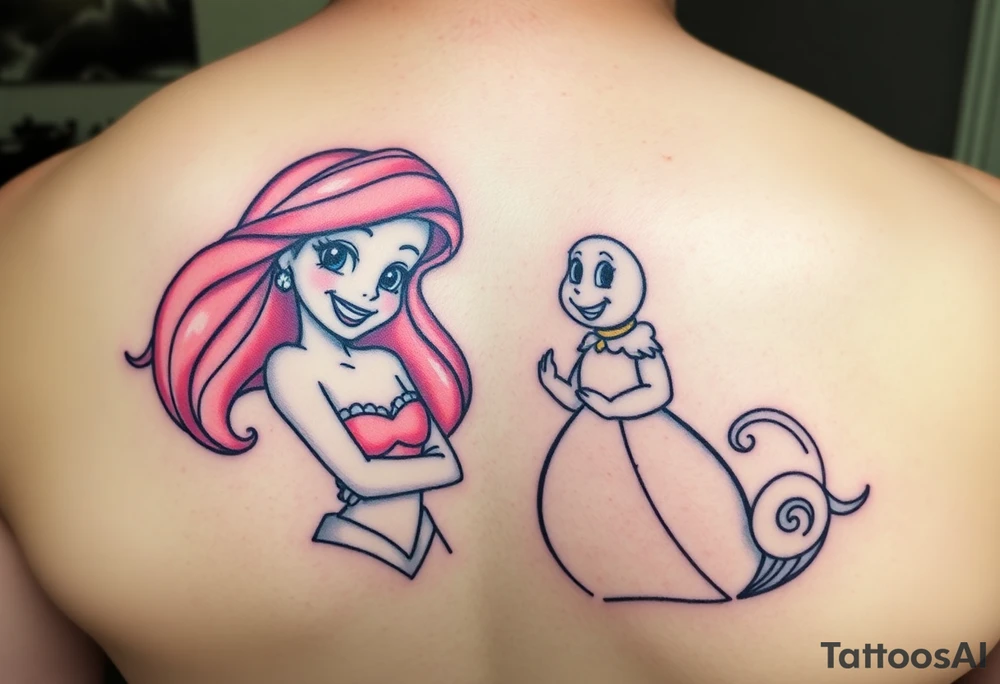 Ariel and Bell from beaty and the beast standing next to each other, smilling tattoo idea
