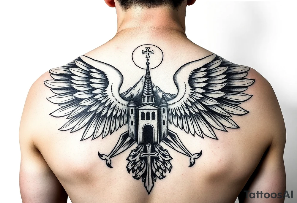 an actual russian coat of arms with the eagles wings spanning out on my back neck across my shoulders / traps with a orthodox christian church being visible in a mountainous sun beaming setting, with the russian orthodox cross spire of the orthodox church being visible on my neck with a sun beaming in the background that the cross sits inside tattoo idea