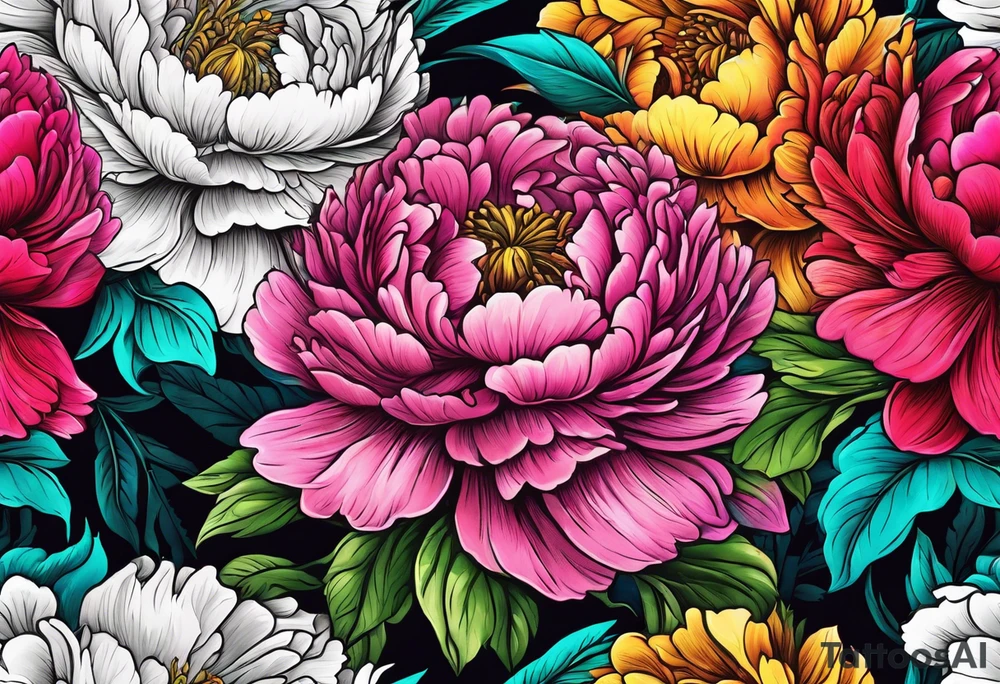 beautiful. colorful, neon, multicolored peony, white background, highly detailed, new school, new school style, street style, streetwear, urban wear tattoo idea