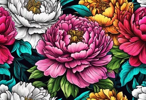 beautiful. colorful, neon, multicolored peony, white background, highly detailed, new school, new school style, street style, streetwear, urban wear tattoo idea