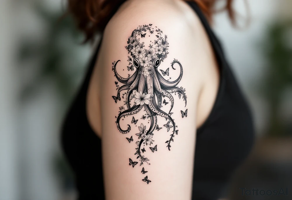 A fine-line tattoo design of a single octopus made entirely of flowers and butterflies. The octopus’s tentacles are shaped like flowing floral vines with leaves and petals, and its body is composed of overlapping blossoms and butterfly wings. The style is minimalist, elegant, and nature-inspired, with delicate black and grey lines, soft shading, and no outlines. No aquatic or marine elements besides the floral octopus. The design flows organically down the upper arm or shoulder, with a light, airy, and poetic feel. tattoo idea