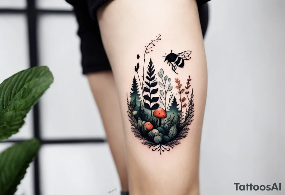 forest floor inspired minimalist tattoo, which includes grass, curly ferns, moss and dead leaves as the bulk of the tattoo. details to include: forest berries, a tiny bumblebee flying nearby, three small brown mushrooms
Generate a vertically long one tattoo idea
