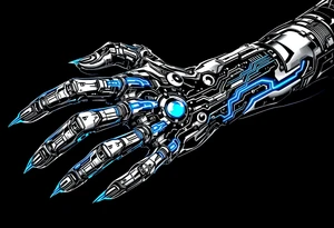 A futuristic chrome hand design with sapphire-blue energy lines tracing each finger like circuits. tattoo idea